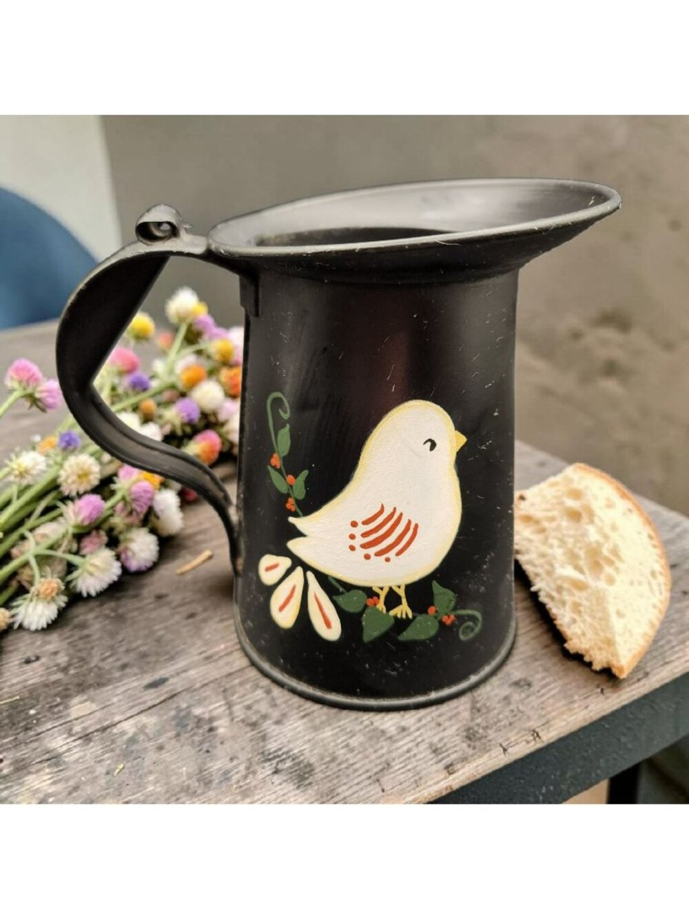 Toleware Folk Art Hand Painted Black Syrup Pitcher Bird Design 5" Tall
